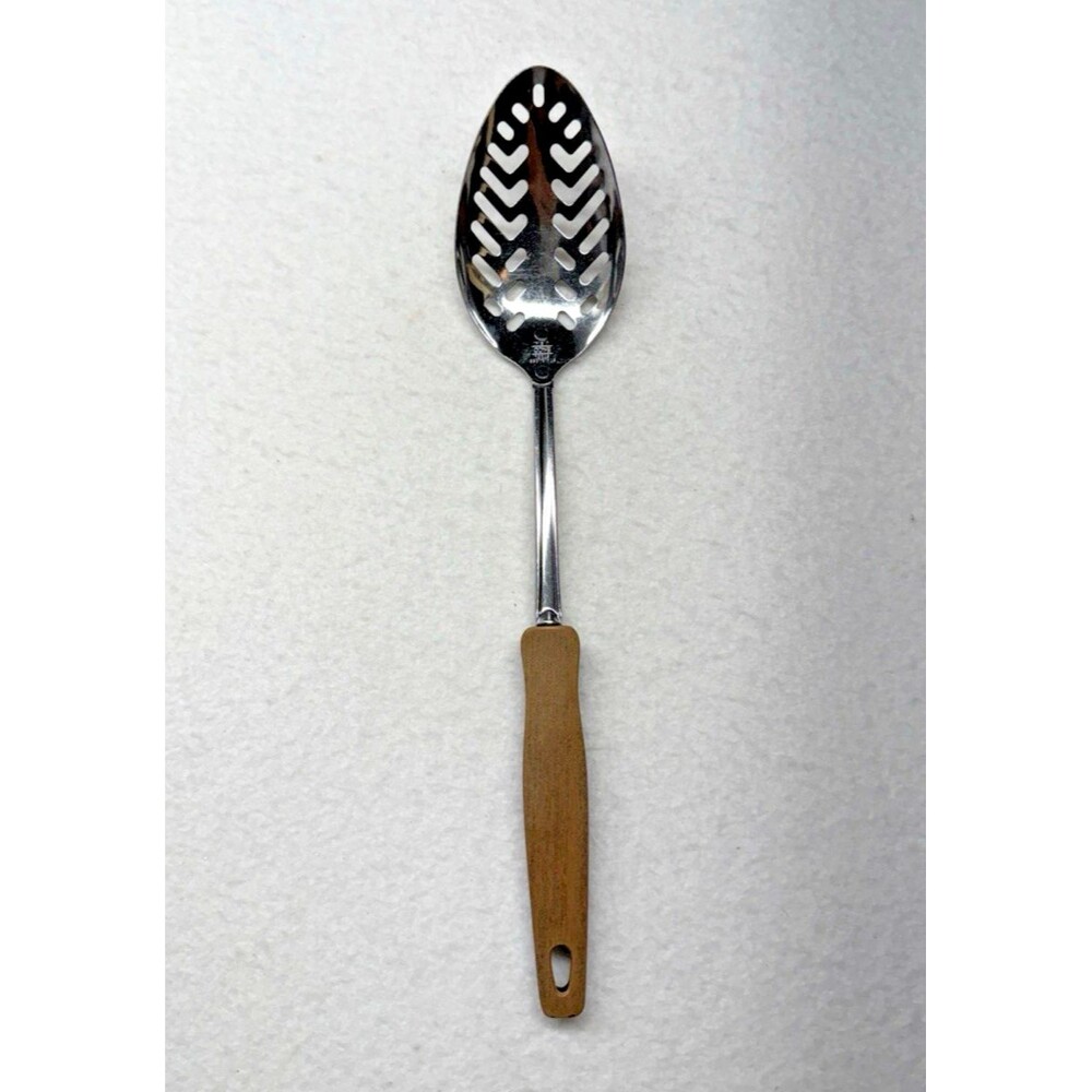 EKCO USA Slotted Serving Spoon Vintage Stainless Steel Wood Look Handle Retro